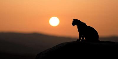 Cat silhouette against sunset in a serene outdoor setting photo