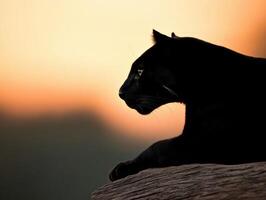 Majestic black panther resting at sunset in the wild photo