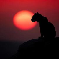 Panther silhouette against vibrant sunset in wilderness setting photo