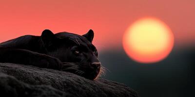 Black panther resting on a rock during a vibrant sunset photo
