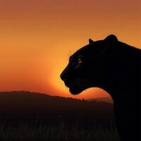 Silhouette of a panther against a vibrant sunset in the wilderness photo