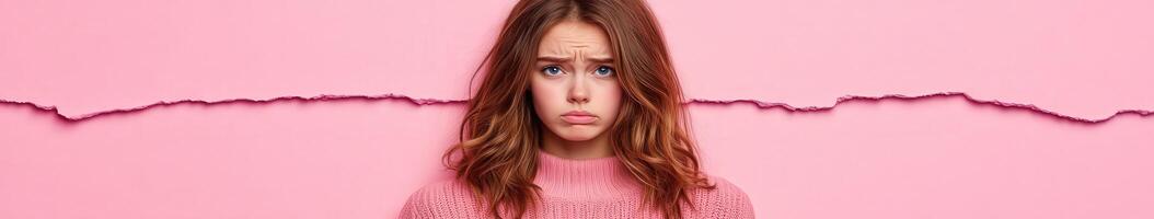 Young woman with saddened expression against pink background photo