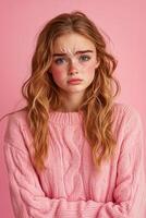 Young girl showing a sad expression against a pink background photo