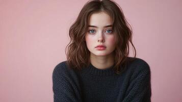 Young model poses against a soft pink backdrop in casual sweater photo