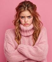 A young woman stands with her arms crossed and a frown on her face photo