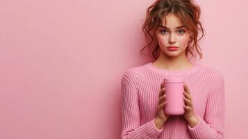 Model holds a pink container against a pastel pink background photo