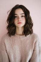 joven persona con ondulado pelo posando en contra un suave rosado antecedentes foto
