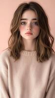 A young person with medium-length wavy hair gazes directly at the viewer photo