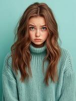 Young woman in a sweater poses against a teal backdrop photo