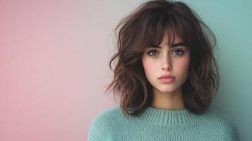 Young woman with wavy hair posing against a colorful background photo