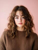 Young woman with curly hair posing against a pink background photo