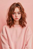 joven persona con ondulado pelo en un rosado suéter en contra un pastel fondo foto