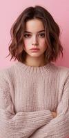 Young woman with soft features poses against a pink backdrop photo