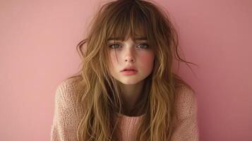 Young woman with soft features and long hair poses against pink background photo