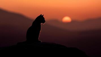 silueta de un gato en contra un vibrante puesta de sol en un sereno paisaje foto