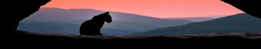 Silhouette of a cat against a colorful sunset in the mountains photo