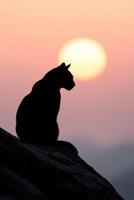 Cat silhouette against sunset sky in tranquil landscape setting photo