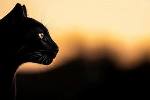 Black cat silhouette gazing at sunset with warm colors in background photo