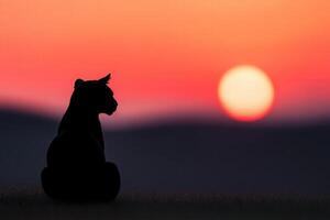 Silhouette of a big cat against a vibrant sunset sky photo