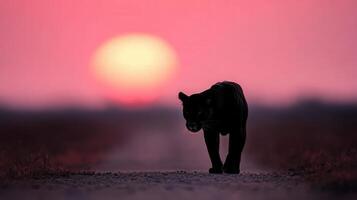 Black panther walks along a path at sunset in the wild savanna photo