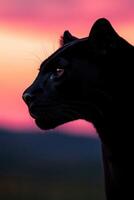 Black panther silhouette against a colorful sunset background photo