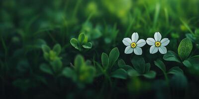Bright white flowers blooming among lush green grass in springtime photo