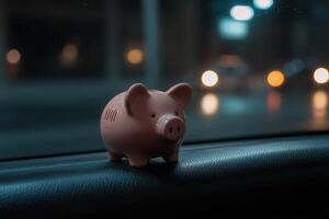 Plastic piggy bank on car dashboard during nighttime urban drive photo