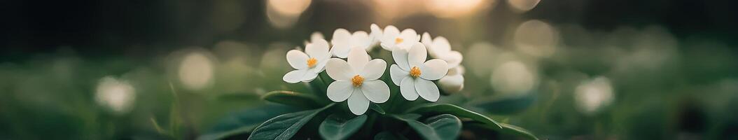 White flowers bloom in soft morning sunlight against a green backdrop photo