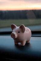 Pink piggy bank placed on dashboard during sunset drive in nature photo