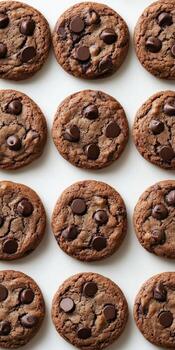 Freshly baked chocolate chip cookies arranged on a white surface photo