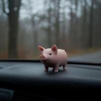 Small pink pig figurine on car dashboard in foggy forest landscape photo