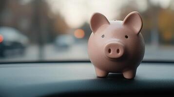 A pink piggy bank sitting on the dashboard of a car during dusk photo