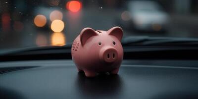 A pink piggy bank on the dashboard during a rainy evening drive photo