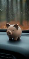 A cute piggy bank on a car dashboard with rain-soaked windows photo
