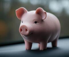 Cute pink pig figurine on a car dashboard during a cloudy day photo