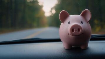 A cheerful pink piggy bank sits on a car dashboard during a road trip photo