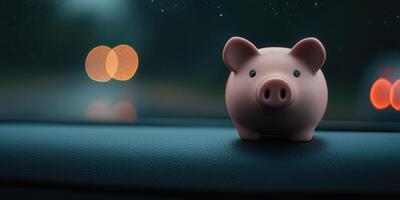 Piggy bank resting on car dashboard during rainy evening drive photo