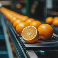Fresh oranges being processed on conveyor belt at packing facility photo