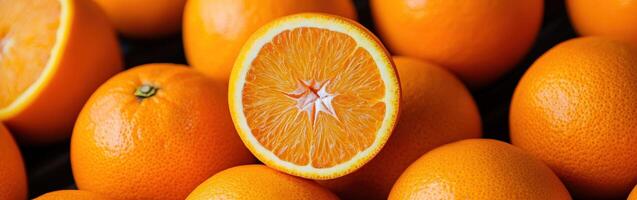 Fresh oranges stacked with a sliced orange showing juicy interior close-up photo