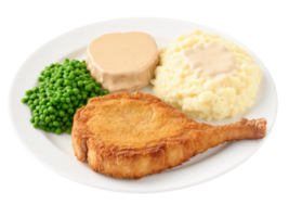 Fried Pork Chop Bone-in pork chops coated in seasoned flour and deep-fried until crispy and golden brown. Served with mashed png