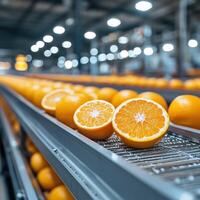 Fresh oranges being processed on assembly line in modern facility photo