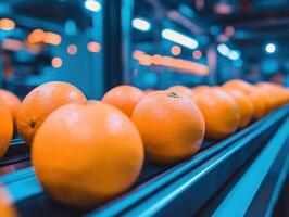 Fresh oranges moving along a conveyor belt in a food processing facility photo