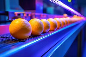 Fresh oranges moving along a conveyor belt in a modern packing facility photo