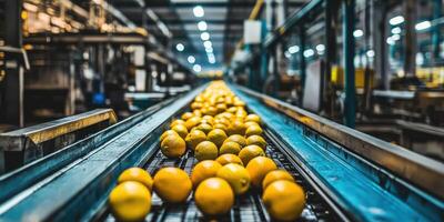 Oranges being processed on conveyor belt in a fruit packing facility photo