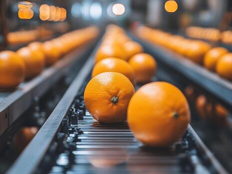 Fresh oranges on conveyor belt in processing plant during daylight photo