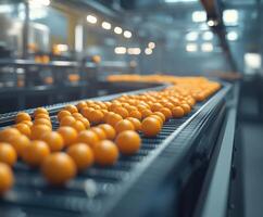 Orange balls moving along a conveyor belt in a factory setting photo
