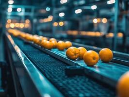 Fresh oranges moving along a conveyor belt in a packing facility photo