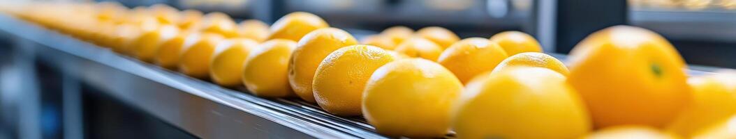 Fresh oranges on a conveyor belt at a processing facility in the morning photo
