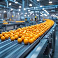 Large conveyor belt transporting bright orange balls in a factory photo