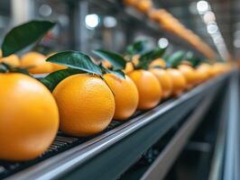 Fresh oranges being sorted on a conveyor belt at a packing facility photo